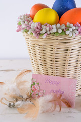 Fototapeta na wymiar basket with easter eggs, feathers, ladybug and card with wishes