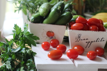 fresh vegetables and herbs, oregano, sage, chive, parsley, dill, onion, cucumber, green vegetables,  red vegetables, red pepper, pepper, garlic, cucumber, sweet corn, 