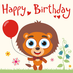 Happy birthday to you! Funny lion with red balloon. Birthday card with lion in cartoon style.