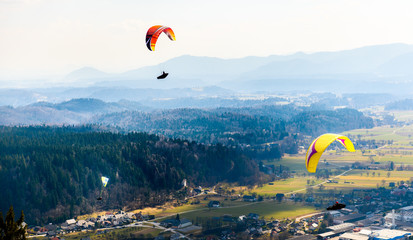 Three paragliders are flying in the valley.