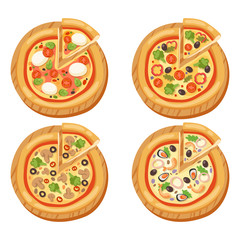 Pizza flat icons isolated vector illustration piece slice pizzeria food menu snack on white background pepperoni ingredient delivery italian set