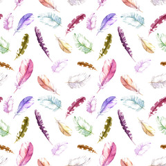 Feathers pattern. Watercolor seamless background.