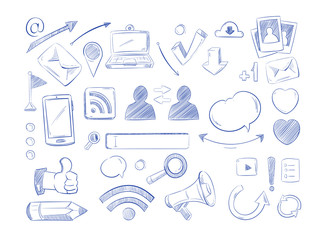 Social media network vector doodles, internet computer hand draw icons