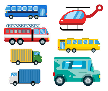 Transport delivery vector isolated white transportation car bus van fire truck helicopter silhouette icon business logistic shipment set