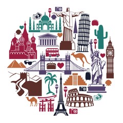 Landmark travel icons in the form of a circle