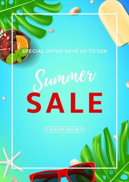 Summer sale flyer with web button. Top view on sunglasses, seashells, fresh cocktail and ice cream on blue background. Vector illustration with leaves of tropical plant.