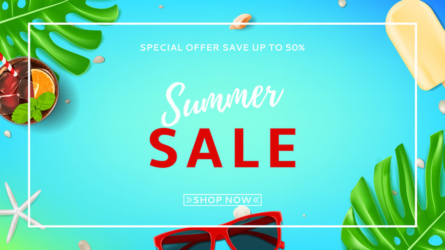 Summer sale web banner. Top view on sunglasses, seashells, fresh cocktail and ice cream on blue background. Vector illustration with leaves of tropical plant.