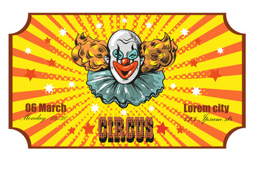 Circus ticket template. Invitation coupon with clown, card pass