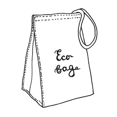 Lunch bag. Reusable textile eco lunch bag. Cotton food bag concept. Sketch drawing. Vector hand drawn illustration.