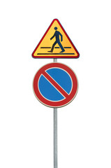 Road sign for a pedestrian and no parking isolated on white