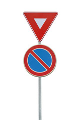 Road sign for a red triangle and no parking isolated on white