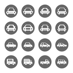 car icons set,white on circle grey shape