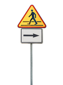 Road sign for right arow and red pedestrian sign isolated on rod