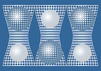 Abstract blue background with silver metallic grid and sphere elements, optical art style