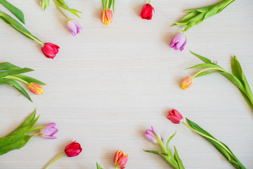 Obraz na płótnie Canvas tulips lined the circle on a bright wooden background