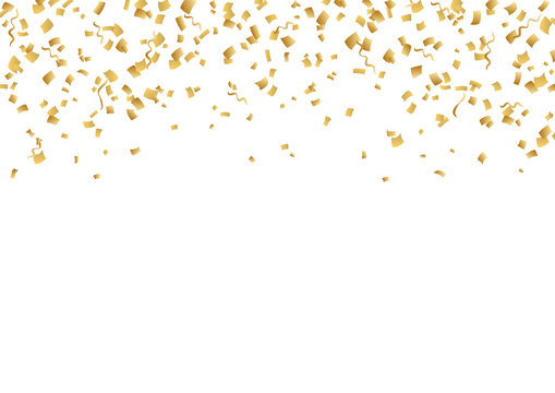 Falling confetti. Bright vector golden confetti background. Confetti and serpentine splash isolated on black night background. Сarnival, celebration, opening, birthday premium design. Night party.