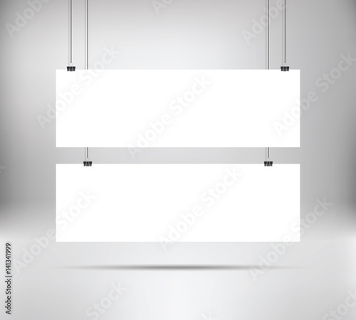 Download "White poster mock up template hanging on binder. Two horizontal narrow paper banners. Vector ...
