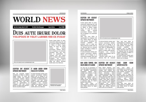 Vintage vector newspaper. Journal template. Old paper tabloid on newsprint. Reportage information illustration. Retro vertical background with text and space for images.