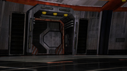 look inside the spaceship. Closed the iron door. Dark mystic corridor