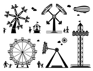 Amusement park pictogram set. Fun and entertainment outdoors. Roller coaster and adrenaline rides.