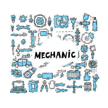 Mechanic. Auto engine repair elements. Suspension, painting, polishing. Car service. Set of icons. Hand drawn vintage style. Flat design vector illustration.