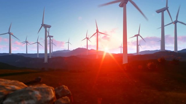 Wind turbine farm over green meadow, rays of light against sunrise, tilt