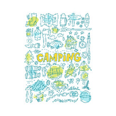 Camping Doodles. Hiking, mountain climbing, tourism. Hand drawn elements. Summer vacation. Vector Illustration.
