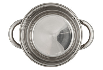 Empty shiny saucepan isolated on white background. View from above