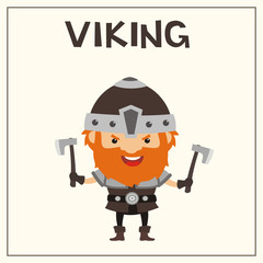 Funny Viking with two battle axes in cartoon style. Isolated Viking with red beard in helmet.