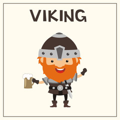 Funny Viking with mug of beer in cartoon style. Isolated Viking with red beard in helmet.