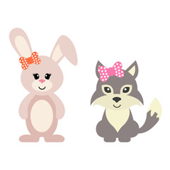 Obraz na płótnie Canvas cartoon bunny and wolf girl with bow
