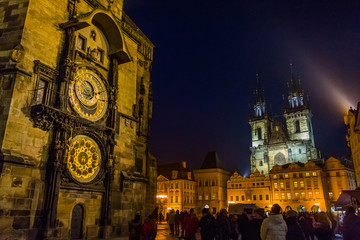 Church of Our Lady Before Tyn and Astronomical Clock in Prague Old Town Square at night