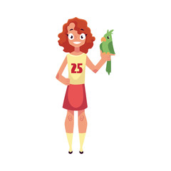 Teen, teenage girl standing and holding green parrot pet, friend, companion, cartoon vector illustration isolated on white background. Full length portrait of girl with green parrot pet