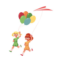 Two pretty teenage girl friends running together with colorful balloons and kite, cartoon vector illustration isolated on white background. Girls running together, friends with kite, and balloons