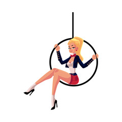 Young and beautiful blonde gymnast sitting on aerial hoop, cartoon vector illustration isolated on white background. Beautiful circus artist, acrobat, gymnast sitting on aerial hoop © sabelskaya