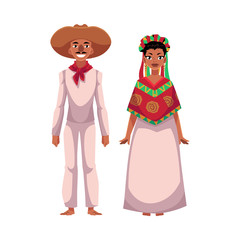 Mexican man and woman in traditional national clothes, sombrero, head wreath, poncho, cartoon vector illustration isolated on white background. Mexican couple, man and woman, in national costumes