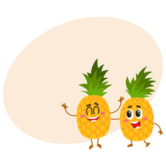 Two cute and funny pineapple characters, one tickling the other, cartoon vector illustration with place for text. Couple of funny pineapple characters, mascots having fun together