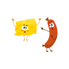 Embarrassed frankfurter sausage character pointing to funny cheese chunk, cartoon vector illustration isolated on white background. Funny cheese and sausage characters, mascots with human faces