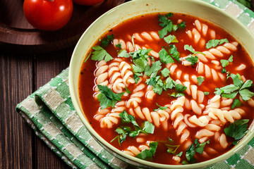 Tomato soup noodles in the bowl