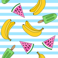 Seamless pattern with banana, watermelon and popsicle on striped background.