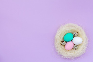 Fototapeta na wymiar nest with colored chicken and quail eggs on a pink background.