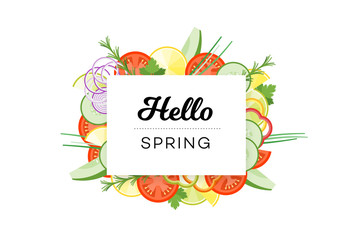 Hello Spring. Food Banner With Vegetables Isolated On White Background