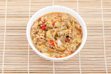 pimp chili paste or Chili paste Thai style with steamed and fresh vegetables