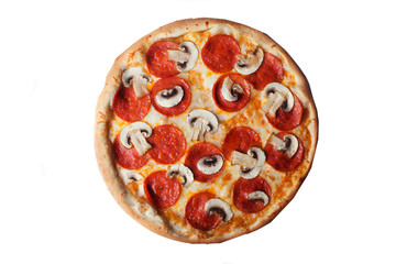 Pizza with pepperoni and mushrooms top view isolated