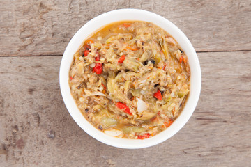 pimp chili paste or Chili paste Thai style with steamed and fresh vegetables