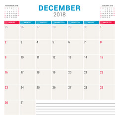 December 2018. Calendar planner vector design template. Week starts on Sunday. Stationery design