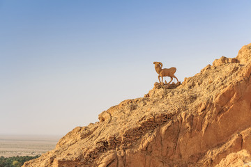 Fototapeta na wymiar Statue of goat in mountain oasis Chebika