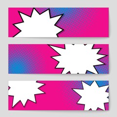 Abstract creative concept vector comic pop art style blank, layout template with clouds beams and isolated dots background. For sale banner, empty speech bubble set, illustration halftone book design.