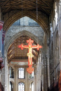 Crucifix hanging from the ceiling of Peterborough Cathedral, UK.