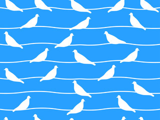 Seamless pattern with doves on wires. Vector illustration